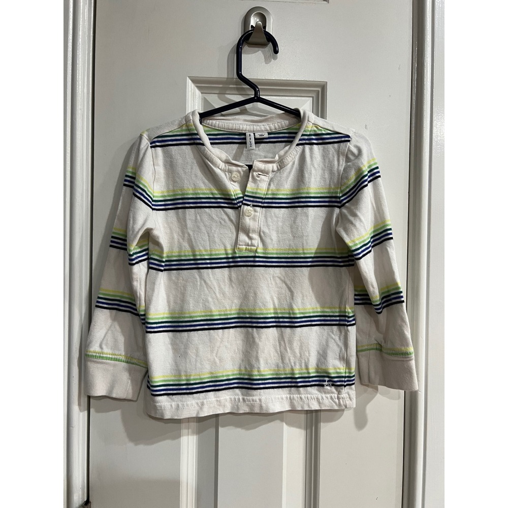 Janie and Jack Boys White Navy Green Striped Long Sleeve Henley Shirt 2T